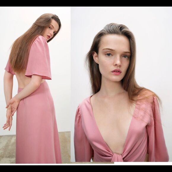 Zara pink cut out tied V-neck front button midi dress Sz M NWT - Picture 2 of 8